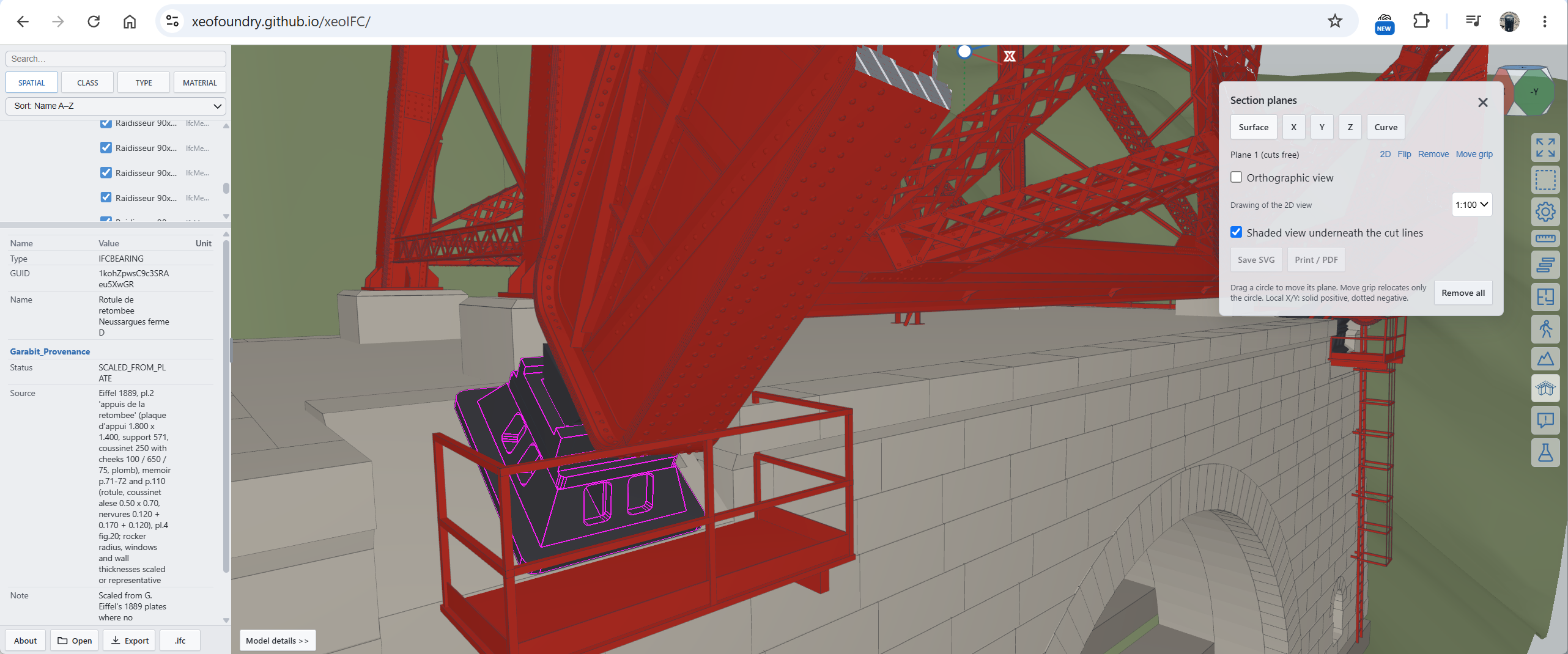 xeoIFC viewer with the Garabit viaduct: a bearing of the arch, cut by a section plane