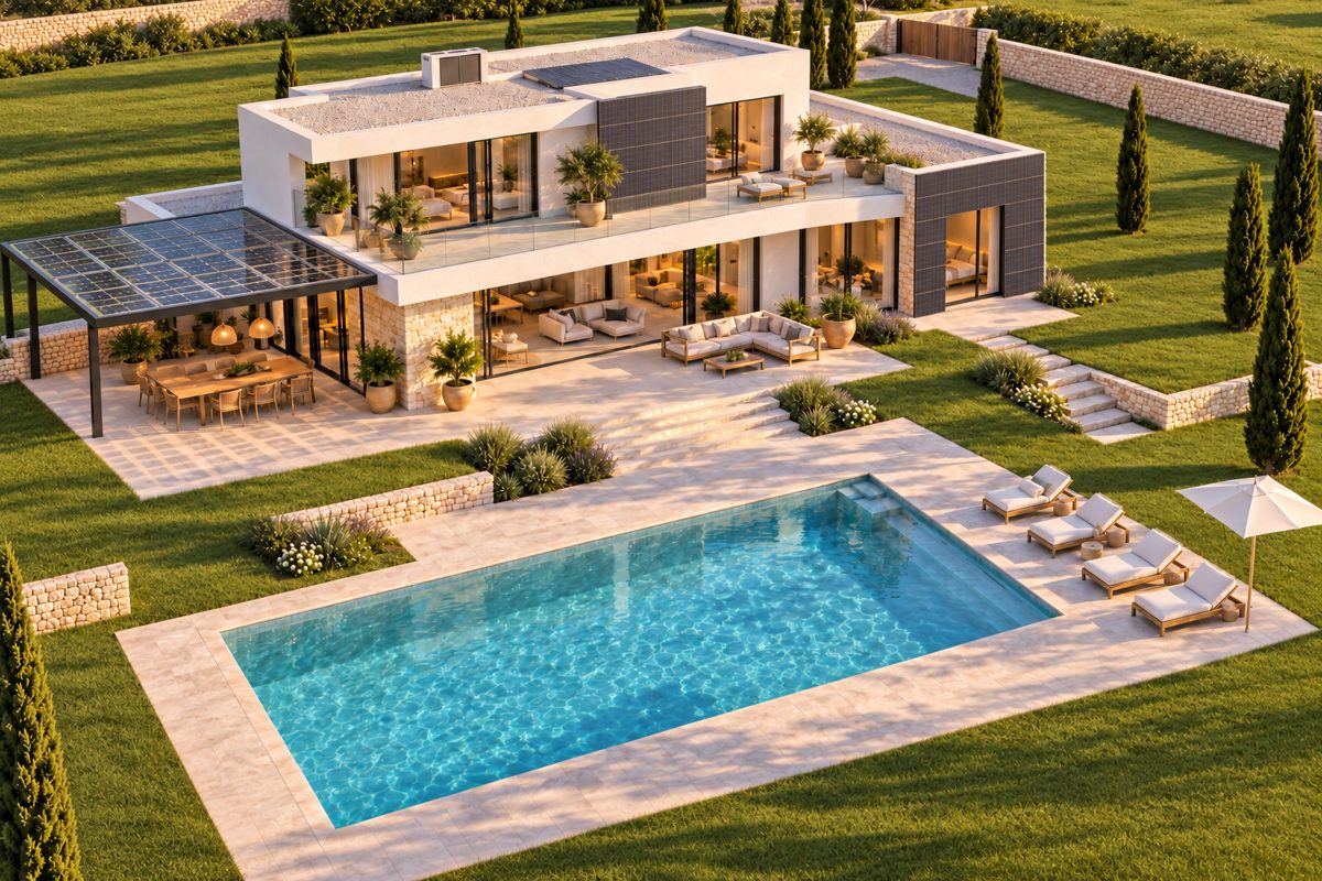 Rendering of a modern two-storey villa with pergola, terrace, pool and garden